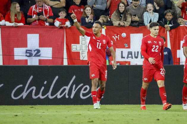 Dan Ndoye celebrates his goal for Switzerland, 11, after scoring to make it 3–0—joy, excitement, positive emotions, goal, Switzerland, UEFA, Nations League, Matchday 4, Switzerland vs. North Macedonia, October 6, 2026, Lucerne, Swissporarena, Switzerland Copyright: xGrantxHubbsx