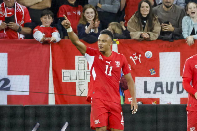 Dan Ndoye celebrates his goal for Switzerland, 11, after scoring to make it 3–0—joy, excitement, positive emotions, goal, Switzerland, UEFA, Nations League, Matchday 4, Switzerland vs. North Macedonia, October 6, 2026, Lucerne, Swissporarena, Switzerland Copyright: xGrantxHubbsx