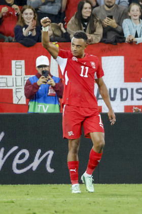 Dan Ndoye celebrates his goal for Switzerland, 11, after scoring to make it 3–0—joy, excitement, positive emotions, goal, Switzerland, UEFA, Nations League, Matchday 4, Switzerland vs. North Macedonia, October 6, 2026, Lucerne, Swissporarena, Switzerland Copyright: xGrantxHubbsx