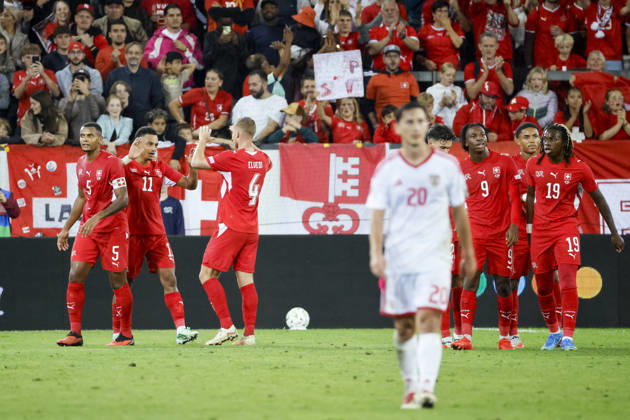 Goal celebration in Switzerland after Dan Ndoye s 3-0 goal; Switzerland, 11; joy, excitement, positive emotions, goal, Switzerland, UEFA, Nations League, Matchday 4, Switzerland vs. North Macedonia, October 6, 2026, Lucerne Swissporarena, Switzerland Copyright: xGrantxHubbsx