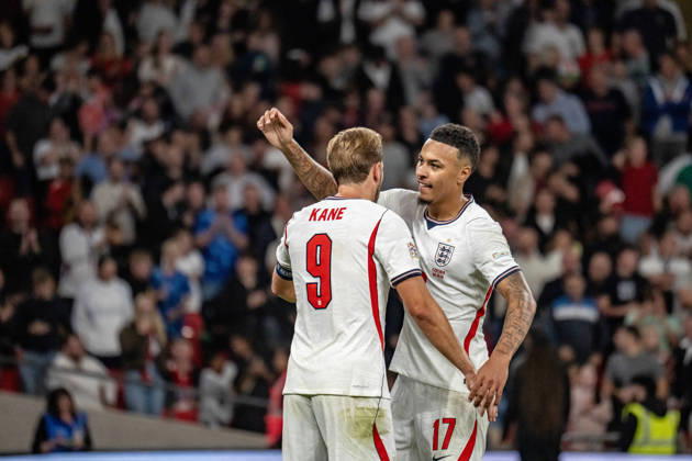 October 6, 2026, xdaymx, UEFA Nations League, England vs. Czech Republic: Harry Kane is embraced by Morgan Rogers after Kane scores the 2-0 goal in London