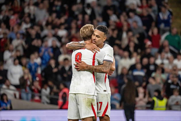 October 6, 2026, xdaymx, UEFA Nations League, England vs. Czech Republic: Harry Kane is embraced by Morgan Rogers after Kane scores the 2-0 goal in London