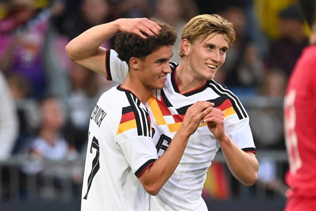 Noah DARVICH GER celebrates after scoring the 1-0 goal; celebration, cheering, joy, cheers, The goal is later credited to Dzenan PEJCINOVIC (GER), with Aljoscha KEMLEIN (GER) in an international soccer match, U21, European Championship qualifier, Germany vs. Georgia 2–0 on October 6, 2026, at the Schüco Arena in Bielefeld, Â