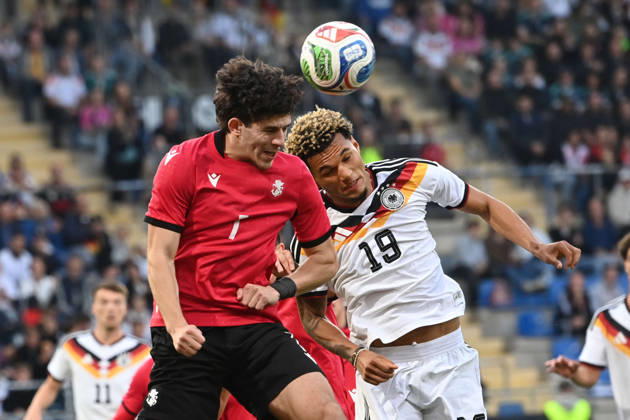 Paris BRUNNER (GER) vs. Vakhtang Salia (GEO) – header, header duel, international soccer match, U21, European Championship Qualifiers, Germany vs. Georgia 2–0 on October 6, 2026, Schüco Arena, Bielefeld, Â