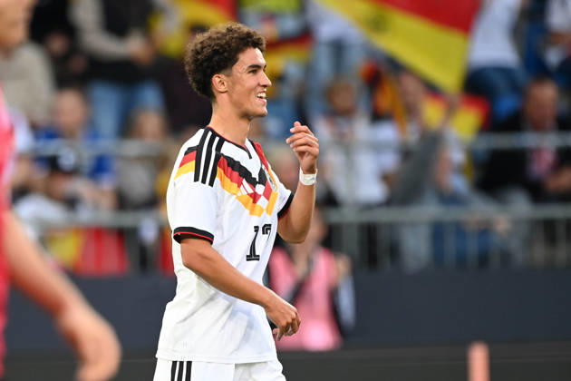 Noah DARVICH GER celebrates after scoring the 1-0 goal; celebration, cheering, joy, cheers, The goal is later credited to Dzenan PEJCINOVIC (GER), international soccer match, U21, European Championship qualifier, Germany vs. Georgia 2–0 on October 6, 2026, Schüco Arena, Bielefeld, Â