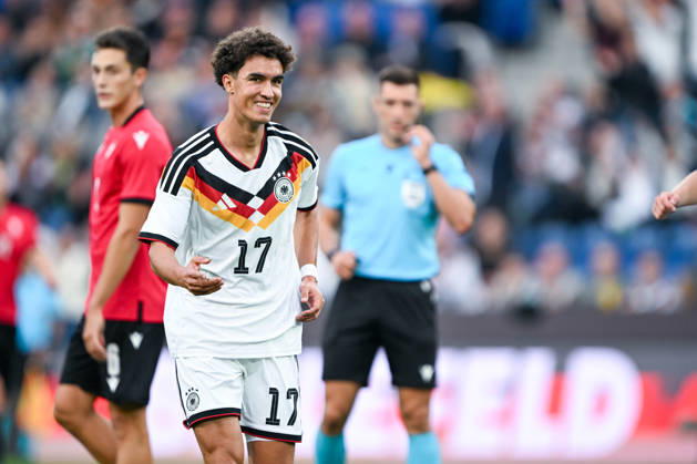 U-21 International Match 26-27: Germany vs. Georgia on October 6, 2026, at the SchücoArena in Bielefeld—Cheers, goal celebrations, goal scorers, goal scorer Noah Darvich—Germany celebrates after his goal to make it 1-0 MT