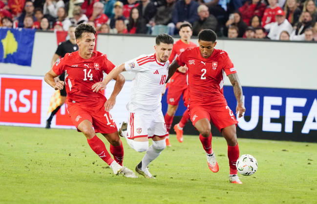 October 6, 2026, Lucerne, Switzerland, Thermoplan Arena, Men s Soccer, 2026–2027 Season, Nations League, Switzerland vs. North Macedonia, 3–0, Photo 14: Ardon Jashari and Sascha Britschgi (SUI) vs. Enis Bardhi (NMK), SUI, Action, Tackle