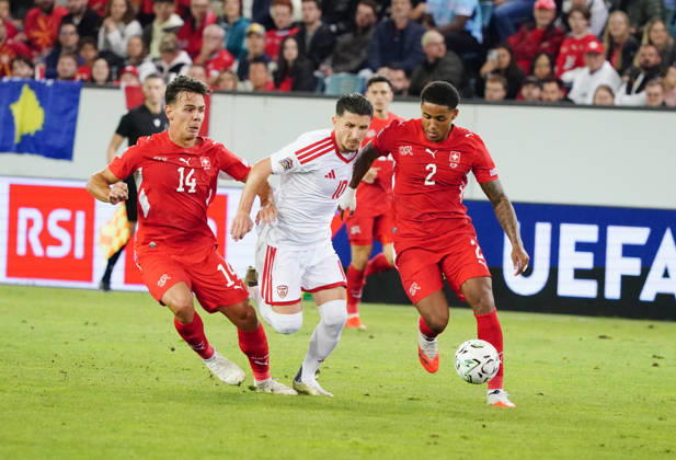 October 6, 2026, Lucerne, Switzerland, Thermoplan Arena, Men s Soccer, 2026–2027 Season, Nations League, Switzerland vs. North Macedonia, 3–0, Photo 14: Ardon Jashari and Sascha Britschgi (SUI) vs. Enis Bardhi (NMK), SUI, Action, Tackle