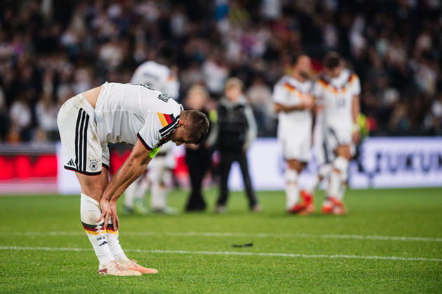 U-21 European Championship Qualifier: Germany vs. Georgia, October 6, 2026. Nicolò Tresoldi (Germany) lies on the ground after the final whistle. Soccer, U-21 European Championship Qualifier, Matchday 10: Germany vs. Georgia on October 6, 2026, Bielefeld DFB REGULATIONS PROHIBIT ANY USE OF PHOTOGRAPHS AS IMAGE SEQUENCES AND OR QUASI-VIDEO Copyright: xBEAUTIFULxSPORTS Tonhäuserx