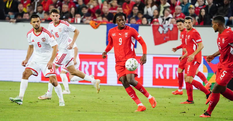 October 6, 2026, Lucerne, Switzerland, Thermoplan Arena, Men s Soccer, 2026–2027 Season, Nations League, Switzerland vs. North Macedonia, 3–0, Photo: Johan Manzambi, SUI CENTER, Action, Tackle