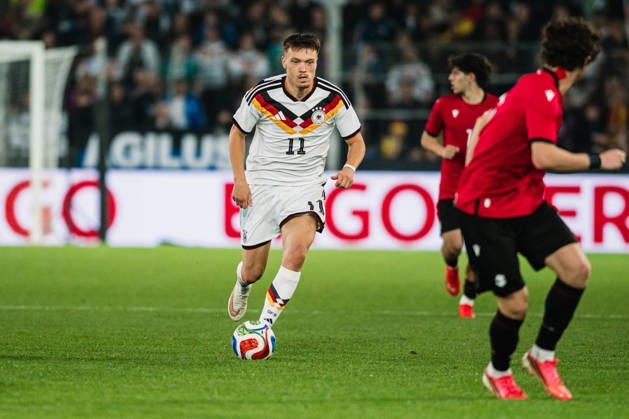 U-21 European Championship Qualifier: Germany vs. Georgia, October 6, 2026, Dženan Pejcinovic, Germany, 11 on the ball, soccer, U-21 European Championship Qualifier, Matchday 10: Germany vs. Georgia on October 6, 2026, Bielefeld DFB REGULATIONS PROHIBIT ANY USE OF PHOTOGRAPHS AS IMAGE SEQUENCES AND OR QUASI-VIDEO Copyright: xBEAUTIFULxSPORTS Tonhäuserx
