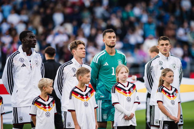U-21 European Championship Qualifier: Germany vs. Georgia, October 6, 2026; Nicolò Tresoldi (Germany), 9; Mio Backhaus (Germany), 1; Elias Baum (Germany), 2; Joshua Quarshie (Germany), 5; Soccer; U-21 European Championship Qualifier, Matchday 10: Germany vs. Georgia on October 6, 2026, Bielefeld. DFB regulations prohibit any use of photographs as image sequences and or quasi-video. Copyright: xBEAUTIFULxSPORTS Tonhäuserx