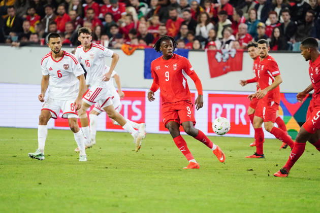 October 6, 2026, Lucerne, Switzerland, Thermoplan Arena, Men s Soccer, 2026–2027 Season, Nations League, Switzerland vs. North Macedonia, 3–0, Photo by Johan Manzambi, 9 SUI, Action, Tackle