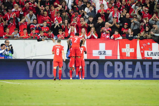 October 6, 2026, Lucerne, Switzerland, Thermoplan Arena, Men s Soccer, 2026–2027 Season, Nations League, Switzerland vs. North Macedonia, 3–0, Photo: Switzerland celebrating a goal, SUI, Action: Tackle