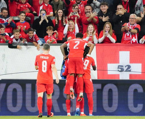 October 6, 2026, Lucerne, Switzerland, Thermoplan Arena, Men s Soccer, 2026–2027 Season, Nations League, Switzerland vs. North Macedonia, 3–0, Photo: Switzerland celebrating a goal (SUI), Action shot: Spectators in the upper deck celebrating with the double-headed eagle