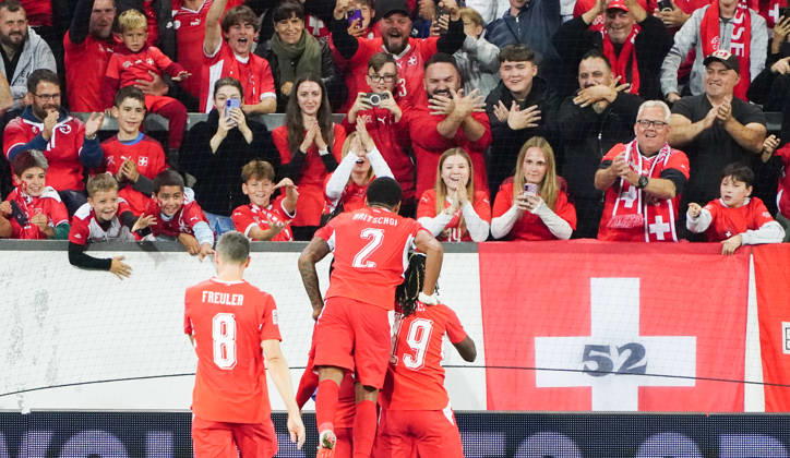 October 26, 2026, Lucerne, Switzerland, Thermoplan Arena, Men s Soccer, 2026–2027 Season, Nations League, Switzerland vs. North Macedonia, 3–0, Photo: Switzerland celebrating a goal (SUI), Action shot: Spectators in the upper stands celebrating with the double-headed eagle