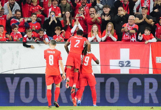 October 6, 2026, Lucerne, Switzerland, Thermoplan Arena, Men s Soccer, 2026–2027 Season, Nations League, Switzerland vs. North Macedonia, 3–0, Photo: Switzerland celebrating a goal (SUI), Action shot: Spectators in the upper deck celebrating with the double-headed eagle