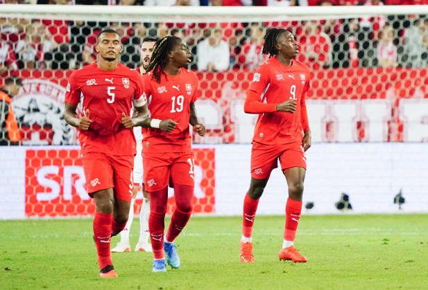 October 26, 2026, Lucerne, Switzerland, Thermoplan Arena, Men s Soccer, 2026–2027 Season, Nations League, Switzerland vs. North Macedonia, 3–0, Photo: Goal celebration by Manuel Akanji and Winsley Boteli; Goal scorers: Johan Manzambi; all SUI