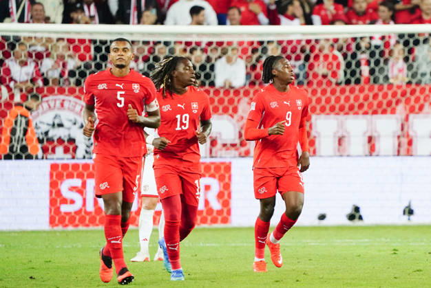 October 26, 2026, Lucerne, Switzerland, Thermoplan Arena, Men s Soccer, 2026–2027 Season, Nations League, Switzerland vs. North Macedonia, 3–0, Photo: Goal celebration by Manuel Akanji and Winsley Boteli; Goal scorers: Johan Manzambi; all SUI