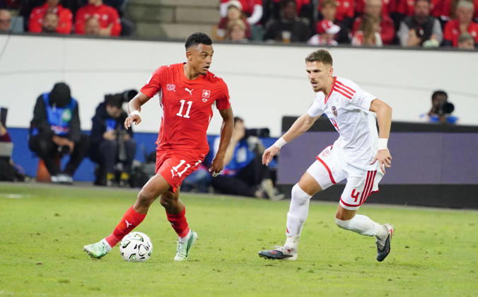 October 6, 2026, Lucerne, Switzerland, Thermoplan Arena, Men s Soccer, 2026–2027 Season, Nations League, Switzerland vs. North Macedonia, 3–0, Photo: Dan Ndoye (SUI) vs. Andrei Stojchevski (NMK), Action: Tackle