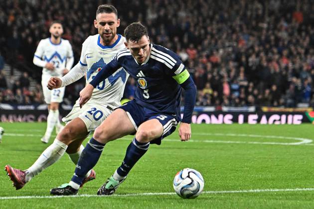 Scotland v Slovenia UEFA Nations League Andrew Robertson of Scotland and Alijosa Matko of Slovenia during the UEFA Nations League match at Barclays Hampden, Glasgow 06 10 2026 UK Newspapers OUT Copyright: xJamiexJohnstonx FIL-24032-0113