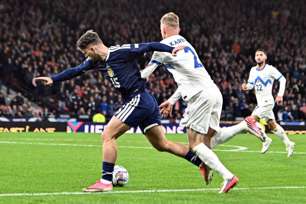 Scotland v Slovenia UEFA Nations League Josh McPake of Scotland is brought down by Zan Karnicnik of Slovenia inside the box during the UEFA Nations League match at Barclays Hampden, Glasgow 06 10 2026 UK Newspapers OUT Copyright: xJamiexJohnstonx FIL-24032-0119