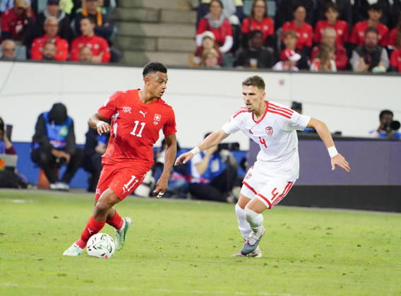 October 6, 2026, Lucerne, Switzerland, Thermoplan Arena, Men s Soccer, 2026–2027 Season, Nations League, Switzerland vs. North Macedonia, 3–0, Photo: Dan Ndoye (SUI) vs. Andrei Stojchevski (NMK), Action: Tackle