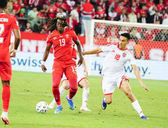 October 6, 2026, Lucerne, Switzerland, Thermoplan Arena, Men s Soccer, 2026–2027 Season, Nations League, Switzerland vs. North Macedonia, 3–0, Photo: Winsley Boteli (19, SUI) vs. Enis Bardhi (NMK), Action: Tackle