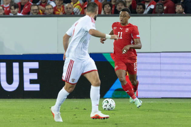 Dan Ndoye seen during National League game between teams of Switzerland and North Macedonia at thermoplan Arena (Benjamin Faes Ball Raw Images) Strasbourg Stade de la Meinau France Copyright: xBenjaminxFaesx BF100386