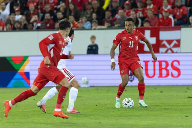 Dan Ndoye seen during National League game between teams of Switzerland and North Macedonia at thermoplan Arena (Benjamin Faes Ball Raw Images) Strasbourg Stade de la Meinau France Copyright: xBenjaminxFaesx BF100421