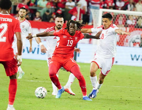 October 6, 2026, Lucerne, Switzerland, Thermoplan Arena, Men s Soccer, 2026–2027 Season, Nations League, Switzerland vs. North Macedonia, 3–0, Photo: Winsley Boteli (19, SUI) vs. Tihomir Kostadinov (NMK), Action: Tackle