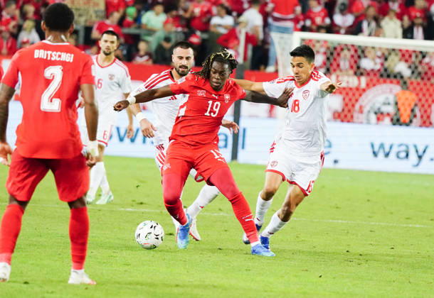 October 6, 2026, Lucerne, Switzerland, Thermoplan Arena, Men s Soccer, 2026–2027 Season, Nations League, Switzerland vs. North Macedonia, 3–0, Photo: Winsley Boteli (19, SUI) vs. Tihomir Kostadinov (NMK), Action: Tackle