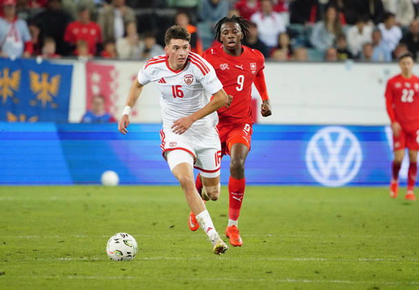 October 6, 2026, Lucerne, Switzerland, Thermoplan Arena, Men s Soccer, 2026–2027 Season, Nations League, Switzerland vs. North Macedonia, 3–0, Photo: Ardon Jashari (SUI) and Tihomir Kostadinov (NMK) against Johan Manzambi (SUI), action from a tackle in the background