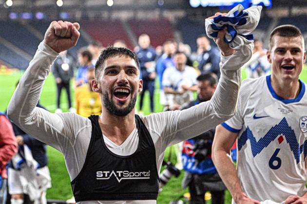 Scotland v Slovenia UEFA Nations League Adam Gnezda Cerin of Slovenia celebrates his sides win during the UEFA Nations League match at Barclays Hampden, Glasgow 06 10 2026 UK Newspapers OUT Copyright: xJamiexJohnstonx FIL-24032-0161