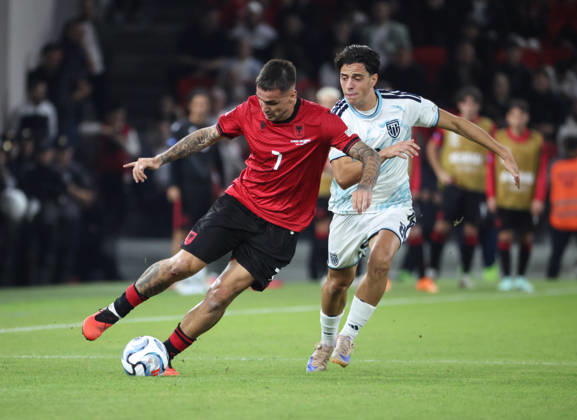 Albania vs San Marino UEFA Nations League 2026-2027 Group C1 Rei Manaj of Albania and Lorenzo Capicchioni of San Marino in action during the UEFA Nations League 2026-2027 group phase match between Albania and San Marino in Tirana, Albania on October 6, 2026 Tirana Albania  Copyright: xArmandoxBabanix
