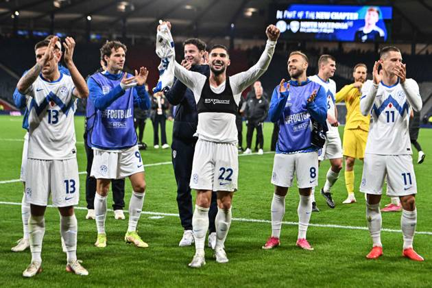 Scotland v Slovenia UEFA Nations League Players of Slovenia celebrate their sides win during the UEFA Nations League match at Barclays Hampden, Glasgow 06 10 2026 UK Newspapers OUT Copyright: xJamiexJohnstonx FIL-24032-0163