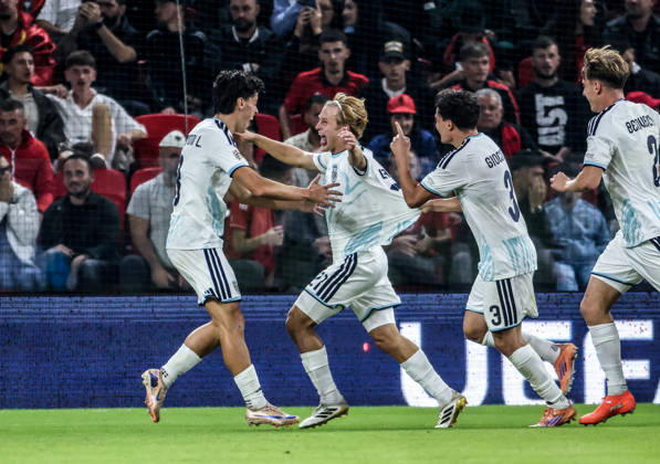 Albania vs San Marino UEFA Nations League 2026-2027 Group C1 Lorenzo Lazzari (C) of San Marino celebrates his goal with teammates during the UEFA Nations League 2026-2027 group phase match between Albania and San Marino in Tirana, Albania on October 6, 2026 Tirana Albania  Copyright: xArmandoxBabanix