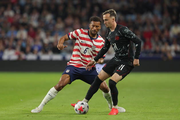SAINT PAUL, MN - OCTOBER 06: United States™ Auston Trusty (6) and Canada™s Liam Millar (11) battle for the ball during the first half of the men™s friendly match between the U.S. national team, Nationalteam and Canada™s national team on October 6th, 2026, at Allianz Field in Saint Paul, MN. (Photo by Bailey Hillesheim Icon Sportswire) SOCCER: OCT 06 USA vs Canada EDITORIAL USE ONLY Icon20261006002