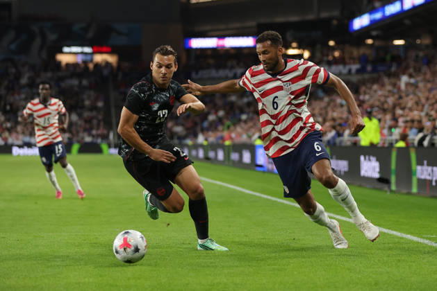 SAINT PAUL, MN - OCTOBER 06: United States Auston Trusty (6) and Canada™s Niko Sigur (23) battle for the ball during the first half of the men™s friendly match between the U.S. national team, Nationalteam and Canada™s national team on October 6th, 2026, at Allianz Field in Saint Paul, MN. (Photo by Bailey Hillesheim Icon Sportswire) SOCCER: OCT 06 USA vs Canada EDITORIAL USE ONLY Icon20261006010