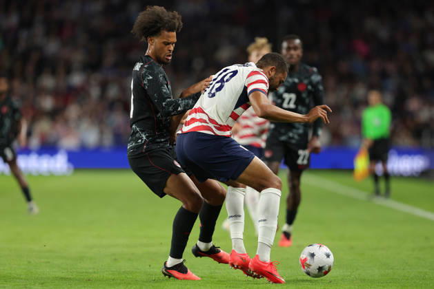SAINT PAUL, MN - OCTOBER 06: Canada™s Jonathan Osorio (21) and United States George Campbell (18) battle for the ball during the second half of the men™s friendly match between the U.S. national team, Nationalteam and Canada™s national team on October 6th, 2026, at Allianz Field in Saint Paul, MN. (Photo by Bailey Hillesheim Icon Sportswire) SOCCER: OCT 06 USA vs Canada EDITORIAL USE ONLY Icon20261006019