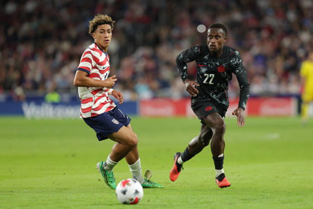 SAINT PAUL, MN - OCTOBER 06: Canada™s Richie Laryea (22) and United States Haji Wright (19) run after the ball during the second half of the men™s friendly match between the U.S. national team, Nationalteam and Canada™s national team on October 6th, 2026, at Allianz Field in Saint Paul, MN. (Photo by Bailey Hillesheim Icon Sportswire) SOCCER: OCT 06 USA vs Canada EDITORIAL USE ONLY Icon20261006027
