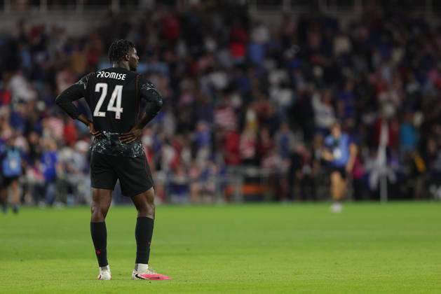 SAINT PAUL, MN - OCTOBER 06: Canada™s Promise David (24) looks on after losing the men™s friendly match between the U.S. national team, Nationalteam and Canada™s national team on October 6th, 2026, at Allianz Field in Saint Paul, MN. (Photo by Bailey Hillesheim Icon Sportswire) SOCCER: OCT 06 USA vs Canada EDITORIAL USE ONLY Icon20261006030
