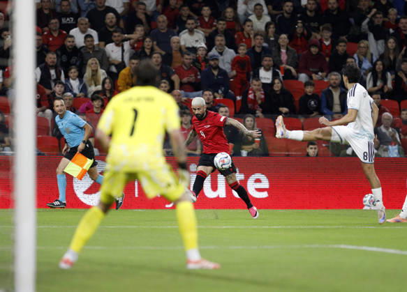 UEFA Nations League Qualifier Albania vs San Marino in Tirana, Albania. Elseid Hysaj of Albania (C) fights for the ball with Lorenzo Capicchioni (R) of San Marino during the UEFA Nations League Group C match between Albania and Belarus at Air Albania Stadium in Tirana, Albania, on October 6, 2026. Light Studio Agency Malton Dibra Tirana Albania Copyright: xLightxStudioxAgencyx xMaltonxDibrax