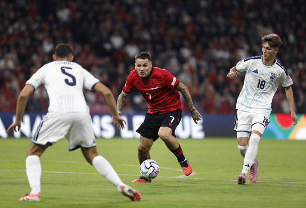 UEFA Nations League Qualifier Albania vs San Marino in Tirana, Albania. Rei Manaj of Albania (C) fights for the ball with Enea Della Balda (R) of San Marino during the UEFA Nations League Group C match between Albania and Belarus at Air Albania Stadium in Tirana, Albania, on October 6, 2026. Light Studio Agency Malton Dibra Tirana Albania Copyright: xLightxStudioxAgencyx xMaltonxDibrax