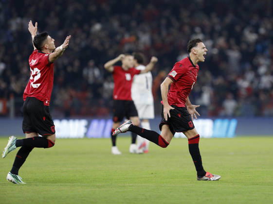 UEFA Nations League Qualifier Albania vs San Marino in Tirana, Albania. Kristjan Asllani of Albania (R) celebrates his first goal during the UEFA Nations League Group C match between Albania and Belarus at Air Albania Stadium in Tirana, Albania, on October 6, 2026. Light Studio Agency Malton Dibra Tirana Albania Copyright: xLightxStudioxAgencyx xMaltonxDibrax