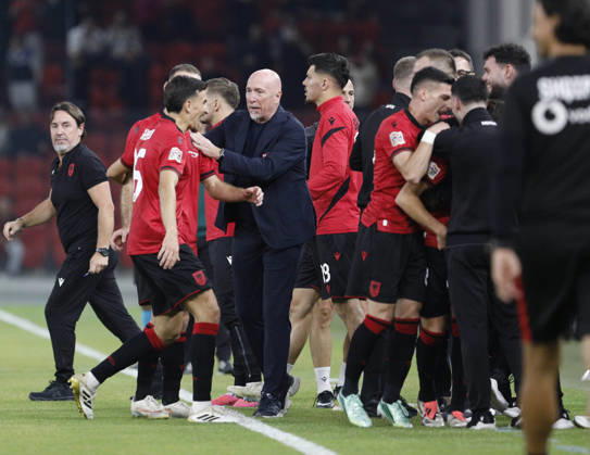 UEFA Nations League Qualifier Albania vs San Marino in Tirana, Albania. Albanian players and Albania head coach Italian Rolando Maran celebrate the first goal during the UEFA Nations League Group C match between Albania and Belarus at Air Albania Stadium in Tirana, Albania, on October 6, 2026. Light Studio Agency Malton Dibra Tirana Albania Copyright: xLightxStudioxAgencyx xMaltonxDibrax
