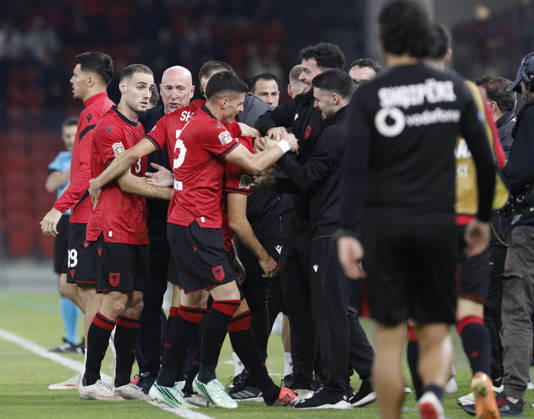 UEFA Nations League Qualifier Albania vs San Marino in Tirana, Albania. Albanian players and Albania head coach Italian Rolando Maran celebrate the first goal during the UEFA Nations League Group C match between Albania and Belarus at Air Albania Stadium in Tirana, Albania, on October 6, 2026. Light Studio Agency Malton Dibra Tirana Albania Copyright: xLightxStudioxAgencyx xMaltonxDibrax