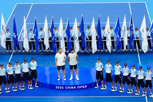 October 6, 2026, Beijing, China: Julian Cash and Lloyd Glasspool of Great Britain pose with their winner s trophy during the medal ceremony after winning against Sander Arends and David Pel of Netherlands (not in view) during the Men s Doubles final match on day seven of China Open at the National Tennis Center. Julian Cash and Lloyd Glasspool won, Final Score: 6-3, 3-6, 10-6 2026 China Open In Beijing - 06 Oct 2026 - ZUMAs197 20261006_aaa_s197_271 Copyright: xPolyxFeix