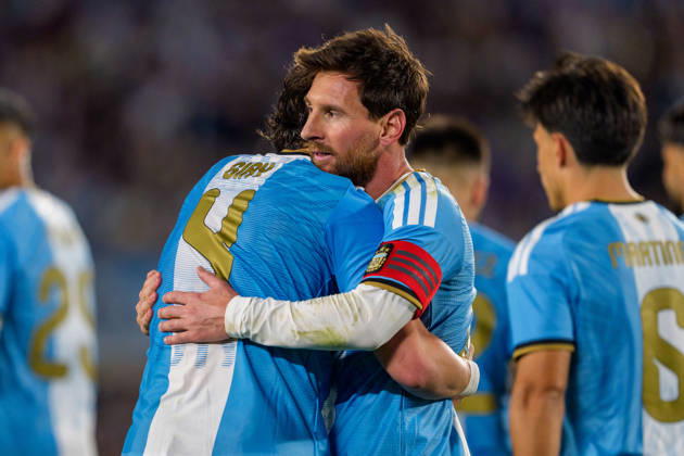 Benin v Argentina BUENOS AIRES, ARGENTINA - OCTOBER 6: Lionel Messi 10 of Argentina hugs Agustín Giay 4 of Argentina during a game between Benin and Argentina at Estadio Monumental on October 6, 2026 in Buenos Aires, Argentina Buenos Aires Estadio Monumental Argentina Copyright: xAndrewxJ.xClark ISIxPhotosx 9950