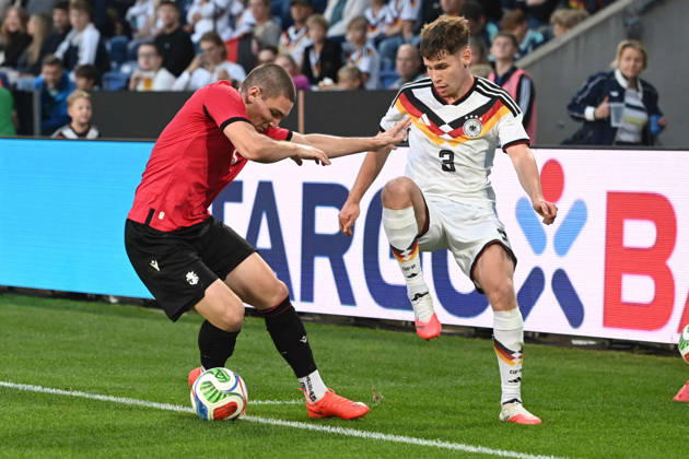 Lukas ULLRICH (GER) vs. Aleksandre Amisulashvili (GEO) – Action, Tackle, International Soccer Match, U21, European Championship Qualifier, Germany vs. Georgia 2–0 on October 6, 2026, Schueco Arena, Bielefeld, Â